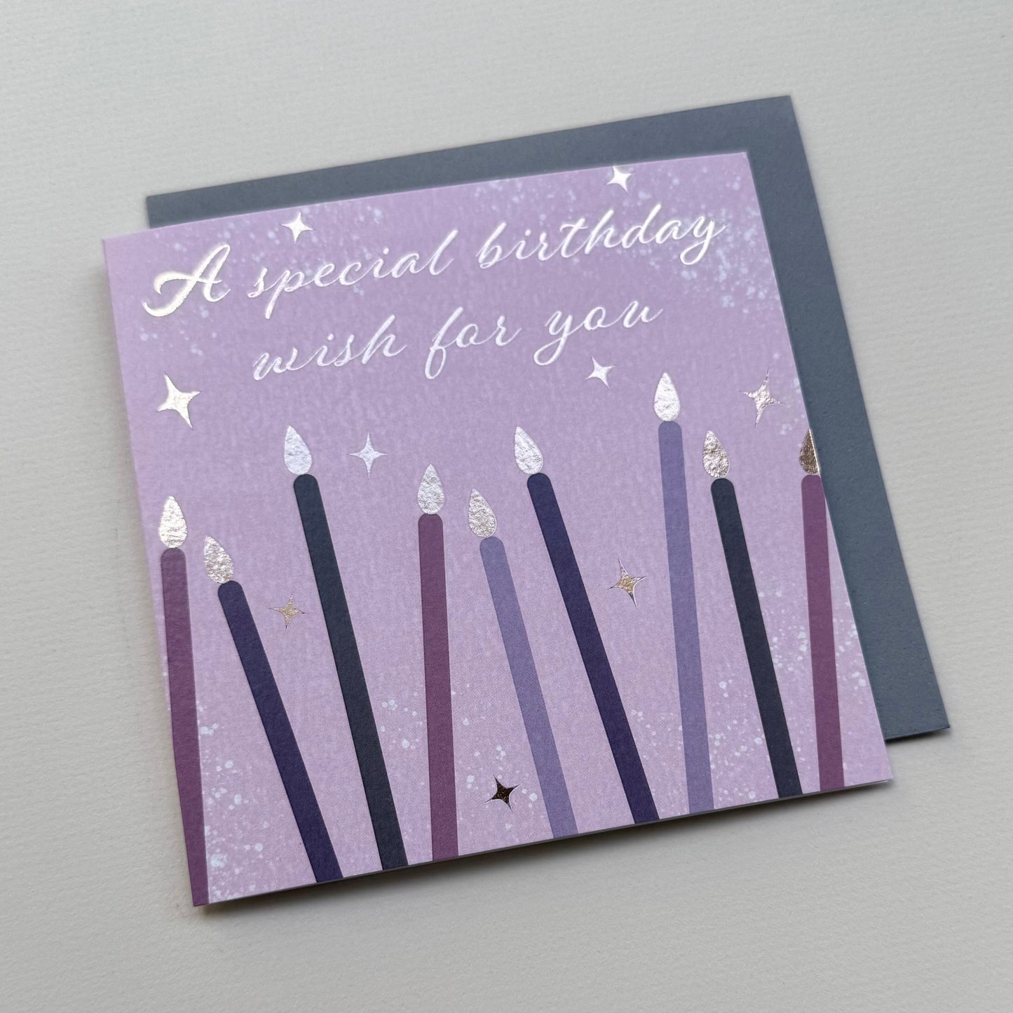 Purple birthday card with candles and text on a gray background