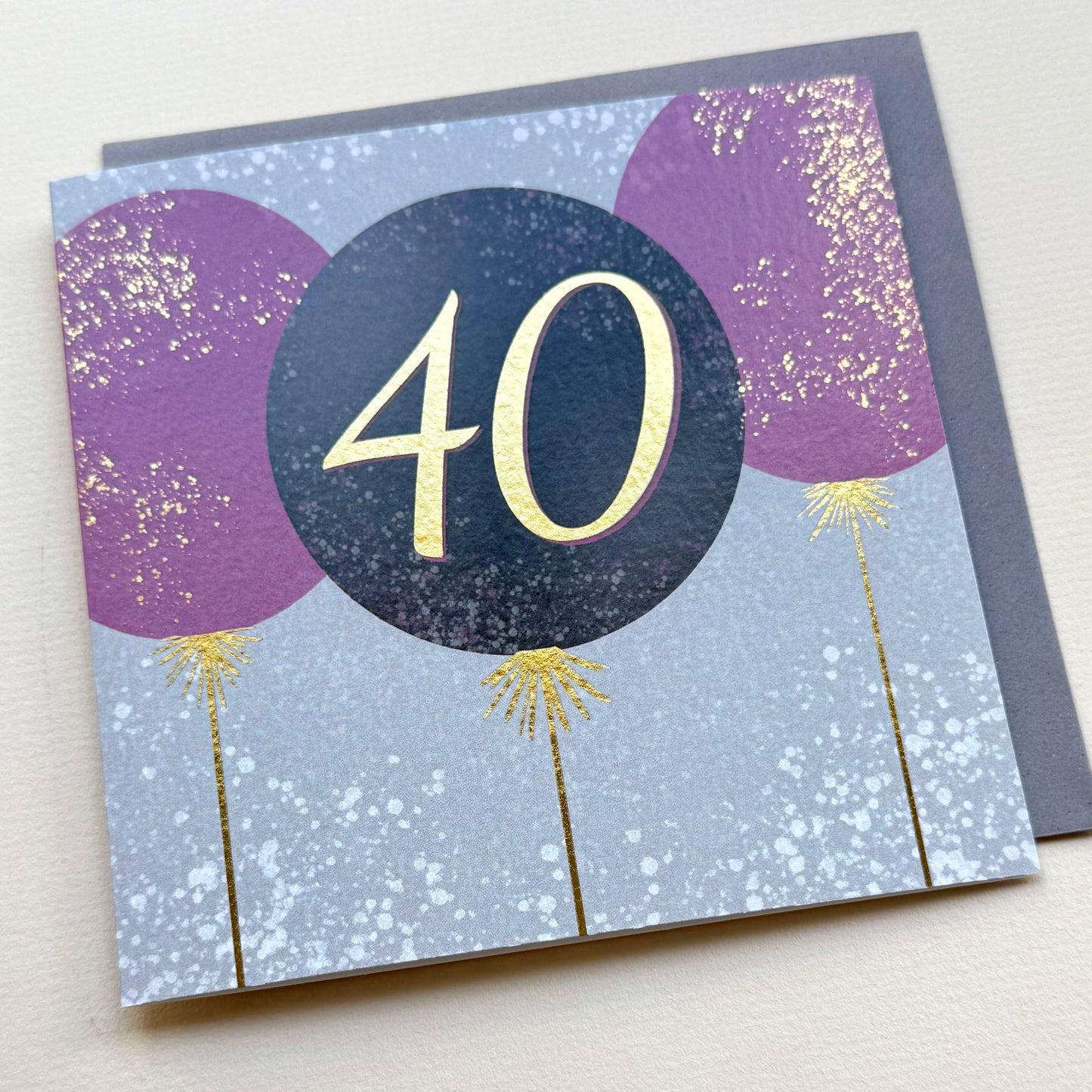 40th birthday card with purple balloons and gold number 40 on a light grey background