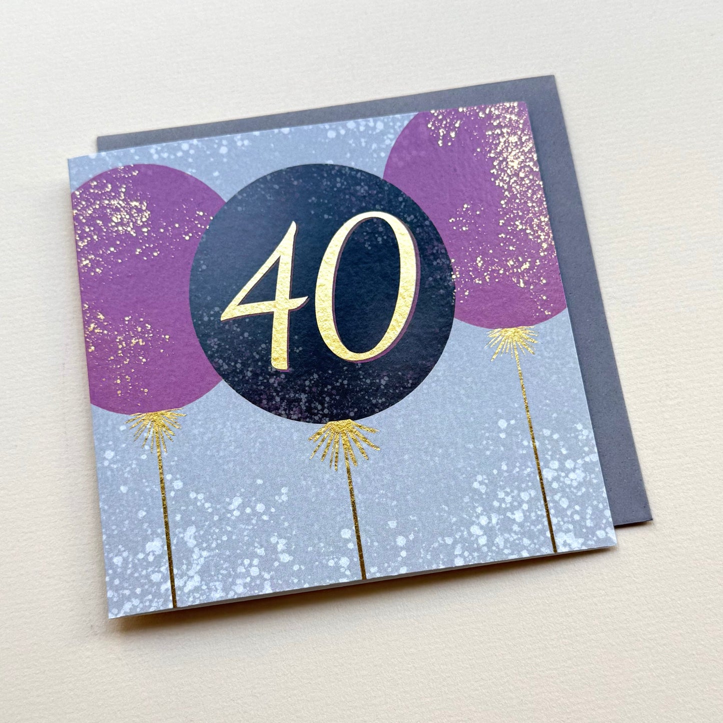 Greeting card with purple balloons and number 40 on a light gray background