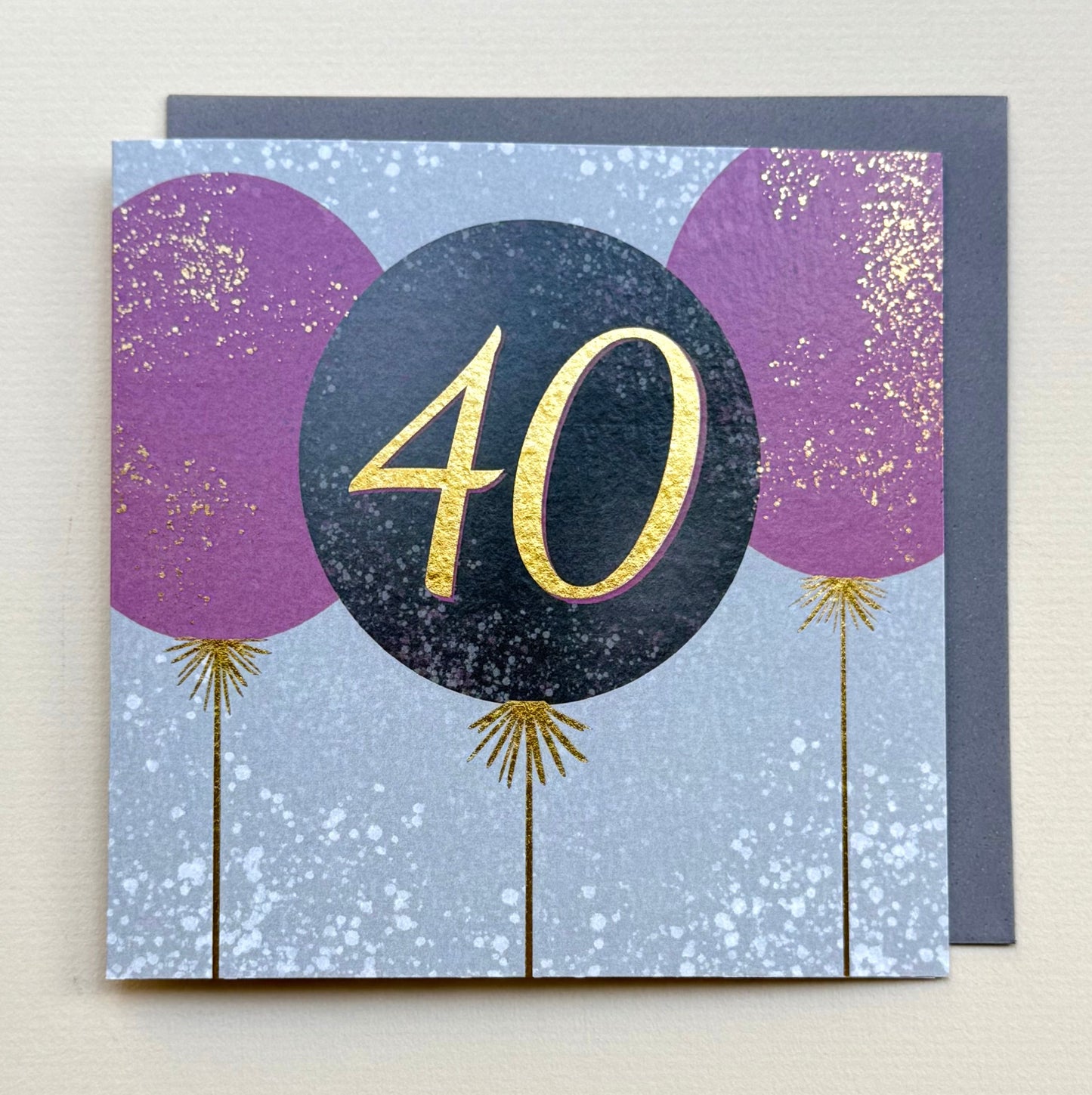 Greeting card with purple balloons and gold number '40' on a light gray background
