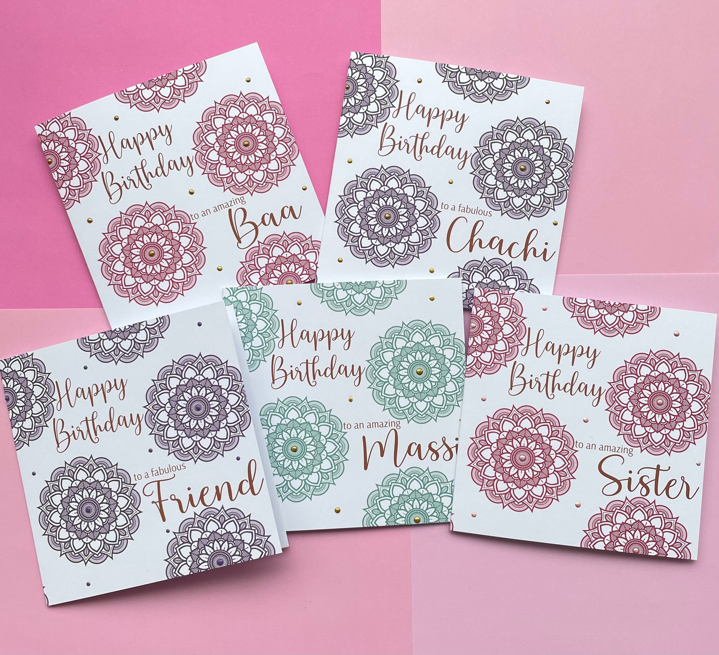 Set of birthday cards with floral designs and personalized names on a pink background