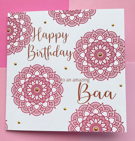 Pink Mandala 'Ba' or 'Baa' Birthday Card