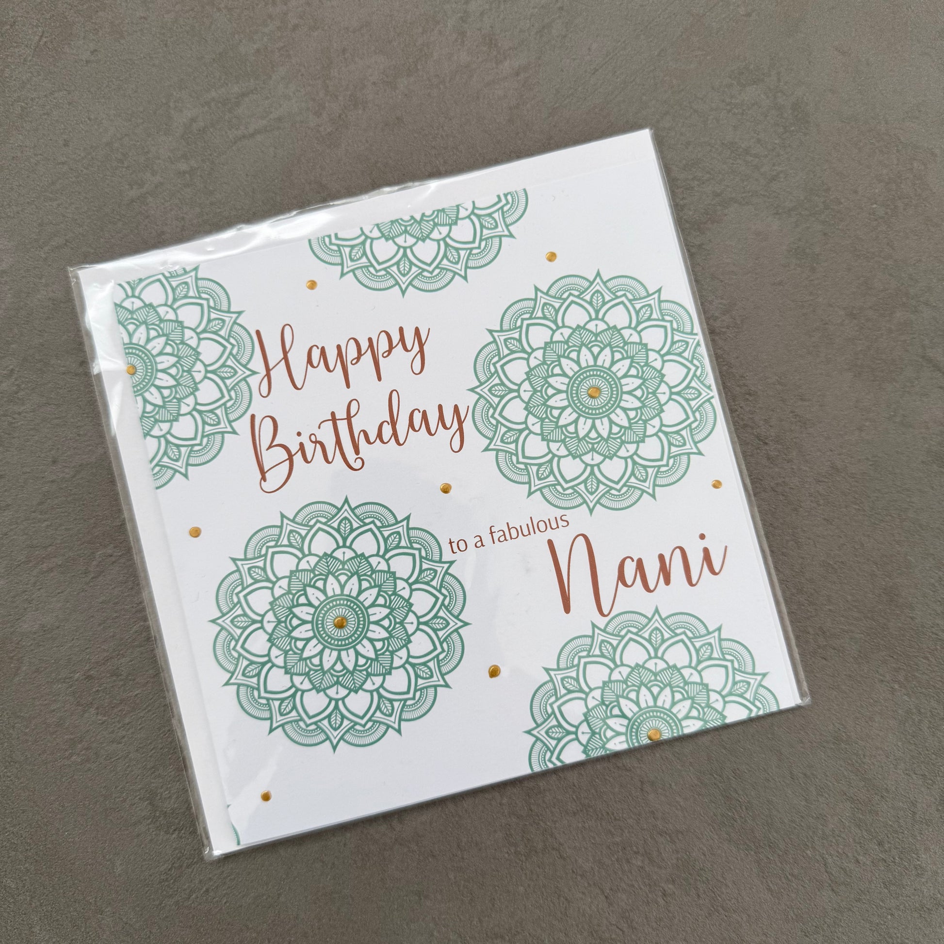 Greeting card with mandala designs and 'Happy Birthday to a fabulous Nani' text on a gray background