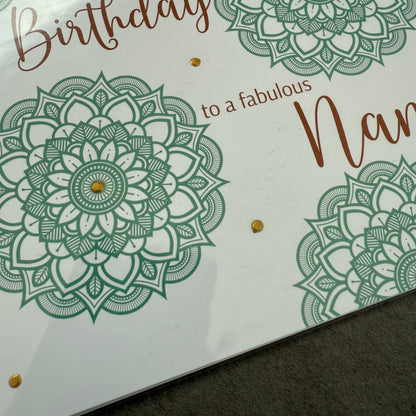 Greeting card with green mandala designs and text on a white background