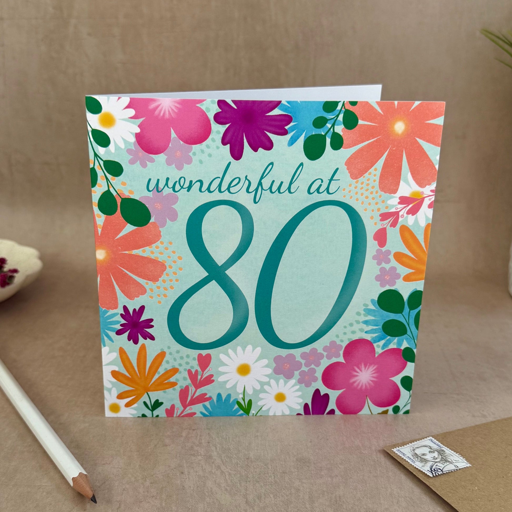 Floral birthday card with 'wonderful at 80' text on a neutral background