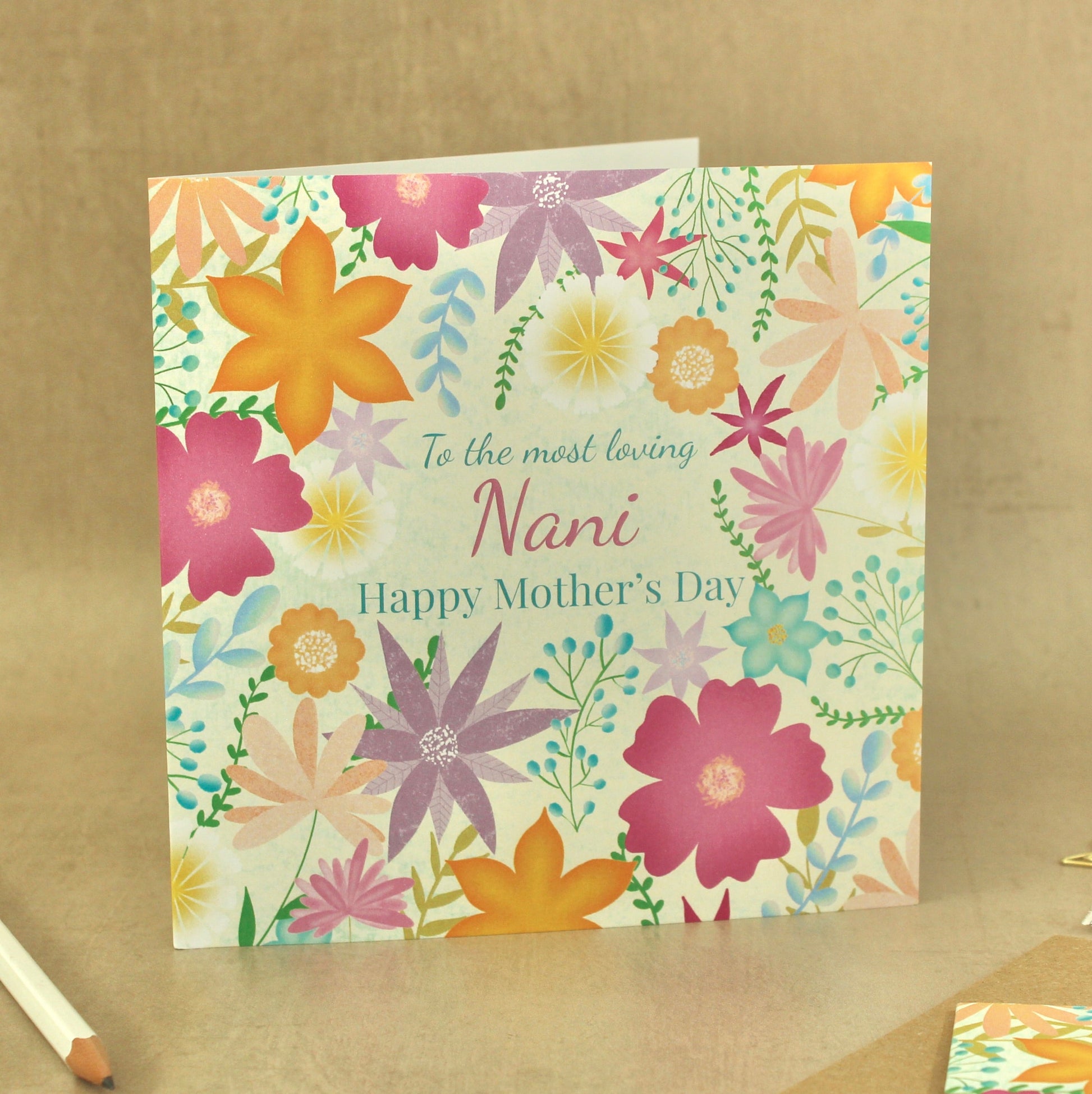 Floral Mother's Day card for Nani on a brown background