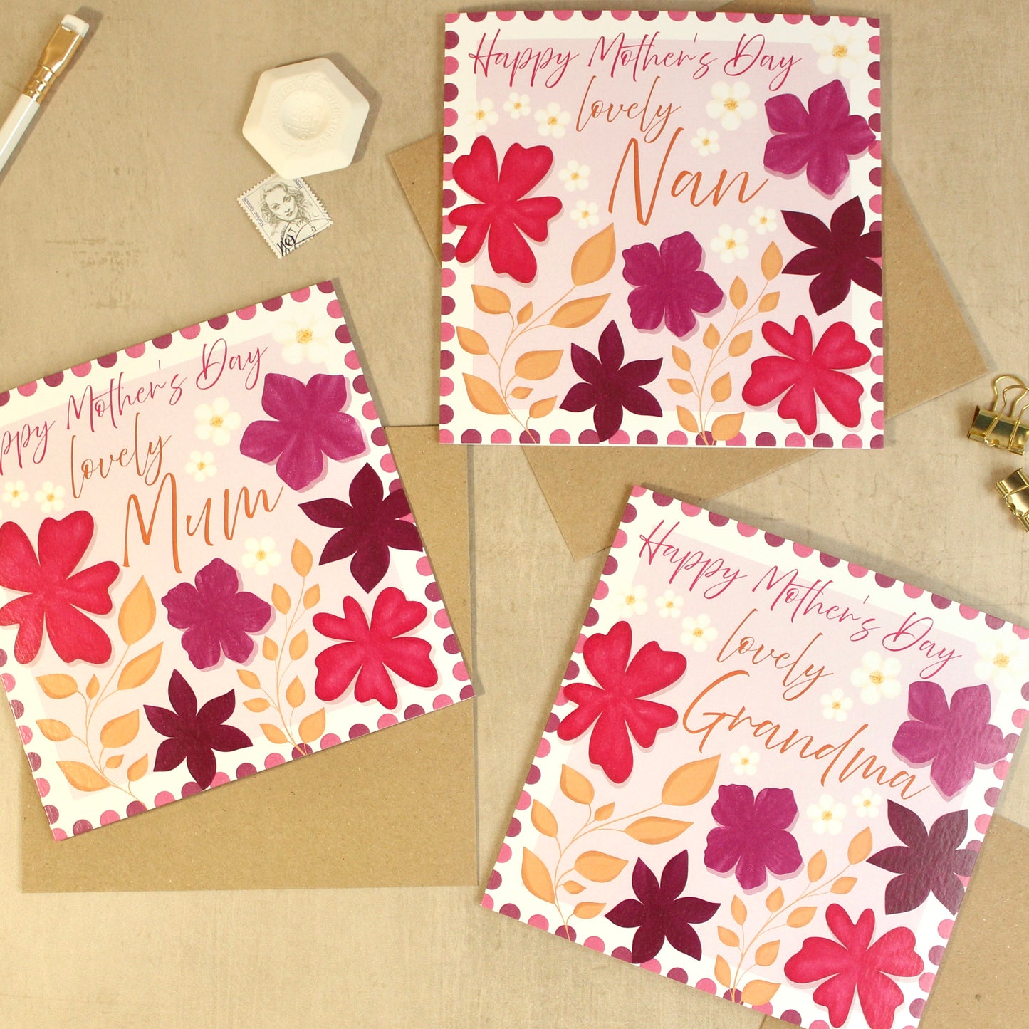 Three Mother's Day cards for 'Nan', 'Mum', and 'Grandma' with floral designs on a beige background.