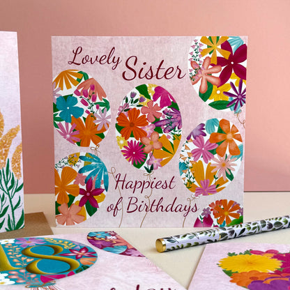 Sister Floral Balloons Birthday Card